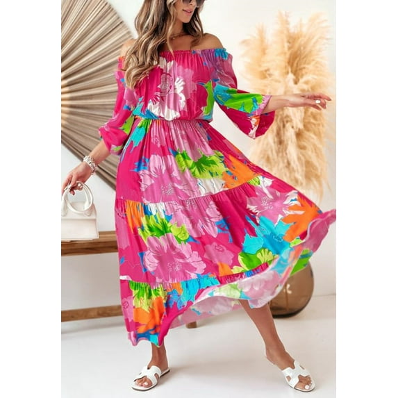 Multicolor Floral Off-Shoulder Maxi Dress, Pink, Small