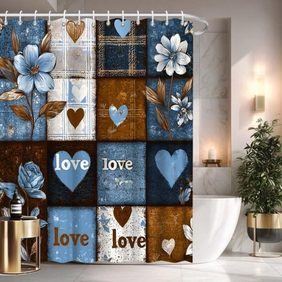 Multicolor Floral Patchwork Love-Themed Shower Curtain Polyester Fabric Bathroom Decor 70.8x70.8 Inch With Hooks