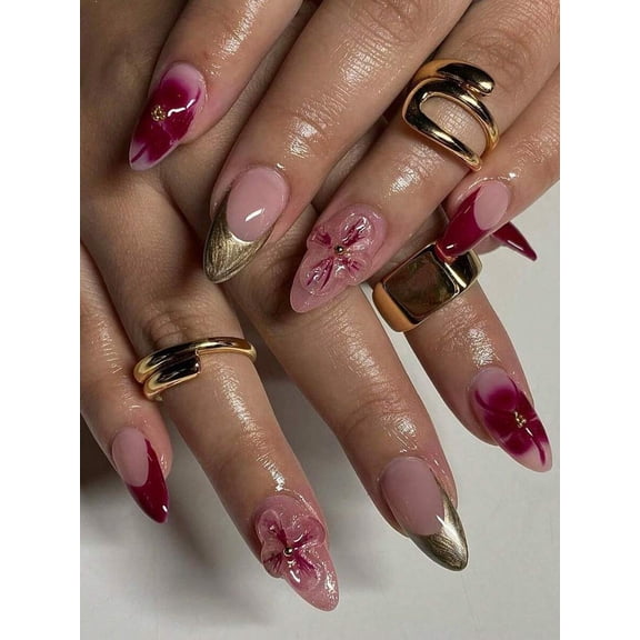Multicolor Floral Press-On Nails With Gold Accents And 3D Flowers, 10