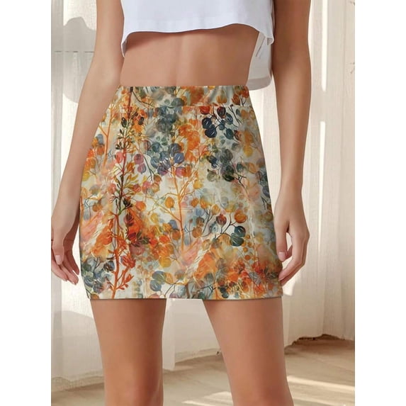 Multicolor Floral Print Bodycon Mini Skirt Casual Fit Spring Fall