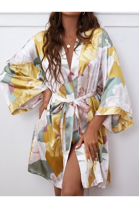 Multicolor Floral Print Drop Shoulder Belted Satin Robe Luxe Loungewear