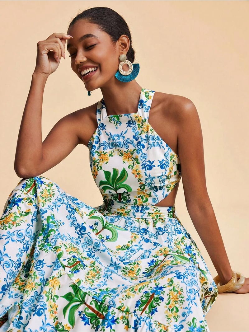 Multicolor Floral Print Halter Backless Maxi Dress For Women