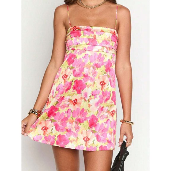 Multicolor Floral Print Spaghetti Strap Satin Mini Dress With Ruched Bust Cami Style Party Evening Dress