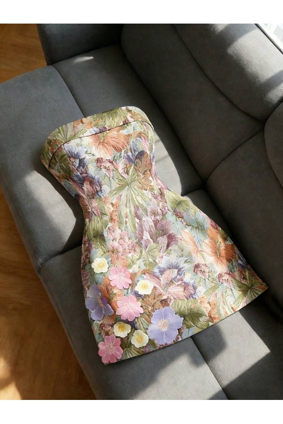 Multicolor Floral Print Strapless Mini Dress With 3D Flower Appliqués
