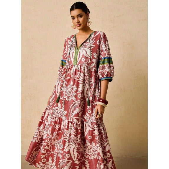 Multicolor Floral Print V-Neck Tie Front Maxi Dress With Puffed Sleeves And Tassels
