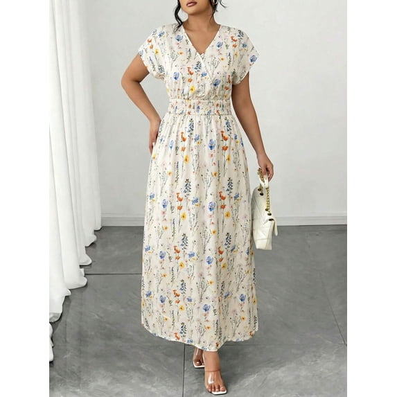 Multicolor Floral Print Waist-Cinched V-Neck Maxi Dress For Women