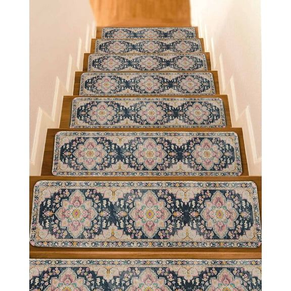 Multicolor Floral, Stair Treads for Wooden Steps Indoor Runner Rug Carpet, Abstract Contemporary Vintage Print 4 Pieces Peel and Stick Staircase Step Treads Covers Washable Throw Door Mats, 30"x8"
