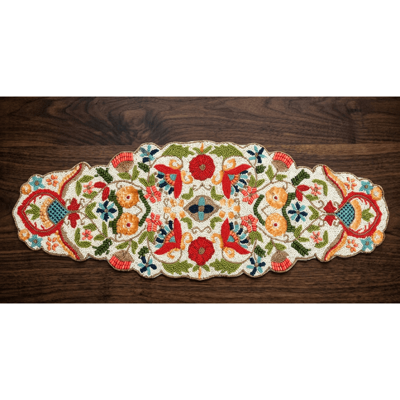 Multicolor Floral Table Runner, Handmade Beaded Table Runner, Spring Tableware 13X36 Inch