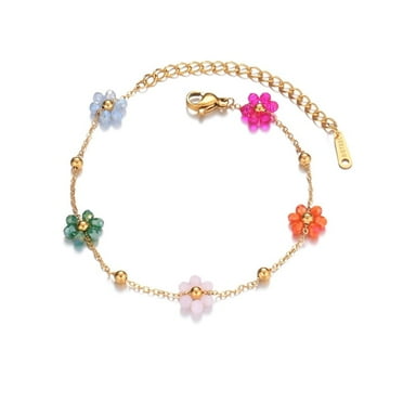 Jeworgeousworld Multicolor Flower Charms Gold Color Chain Stainless Steel Lovely Bracelet