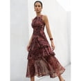 thumbnail image 1 of Multicolor Flowy Ruched Tiered Ruffled Paisley Chiffon Midi Dress, Lined, Spring Summer, 1 of 6