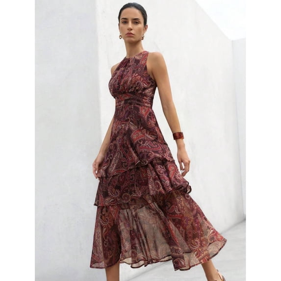 Multicolor Flowy Ruched Tiered Ruffled Paisley Chiffon Midi Dress, Lined, Spring Summer