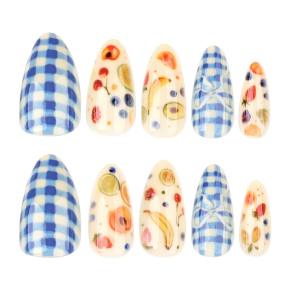 Multicolor Fruit Checkered Bow Press on Nails, Medium Pointed Almond Glossy Artificial Nails, 24 Count