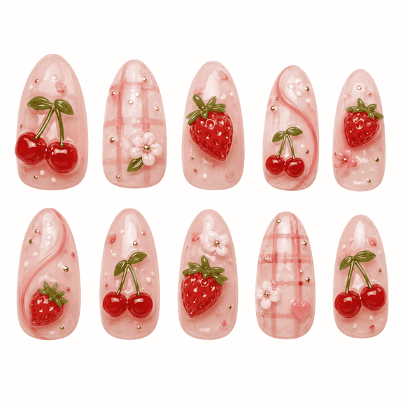 Multicolor Fruit Press on Nails Medium Almond Fake Nails with 3D Glossy Finish Multicolor Fruit Design Full Cover Adhesive Press Ons Chic Acrylic False Nails Nail Tips for Women Girls 30 Pcs
