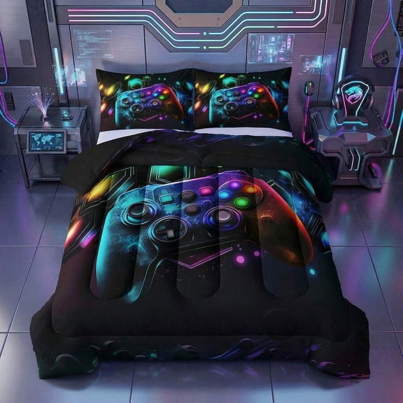 Multicolor Gaming Controller Comforter Set - 1 Comforter + 2 Pillowcases