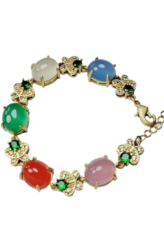 Multicolor Gemstone Bracelet, Gold-Tone Link Chain with Floral Accents, Oval Cabochon Stones
