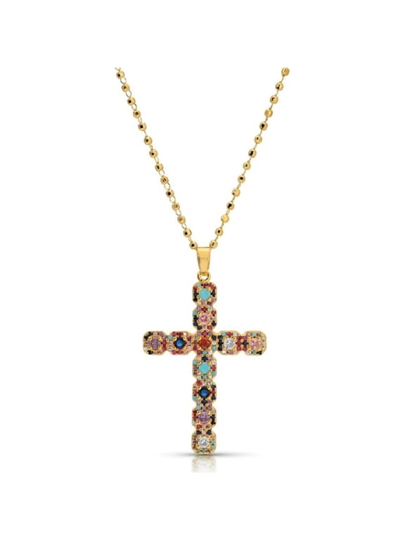 Multicolor Gemstone Cross Necklace for Women, 18K Gold Plated Rainbow Cross Adjustable Chain, Colorful Necklace Faith Christian Pendent, Dainty Religious Jewelry for Daily and Gift