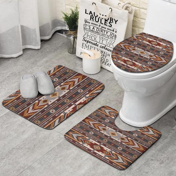 Multicolor Geometric Boho Pattern Bathroom Rugs Sets 3 Piece,Toilet Cover Set,Absorbent Non Slip Bathroom Mats Sets with U-Shaped Contour Rug Toilet Rug Set