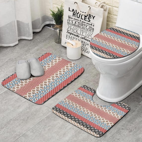Multicolor Geometric Boho Pattern Bathroom Rugs Sets 3 Piece,Toilet Cover Set,Absorbent Non Slip Bathroom Mats Sets with U-Shaped Contour Rug Toilet Rug Set