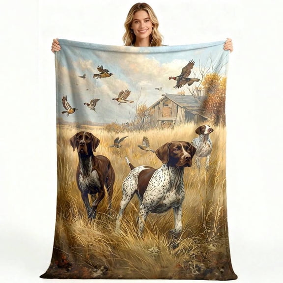 Multicolor German Shorthaired Pointer Hunting Scene Blanket - Soft Flannel Throw For Home, Camping, Travel