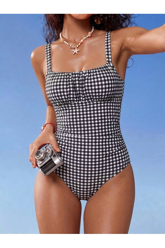 Multicolor Gingham One-Piece Swimsuit, Retro Ruched Bust With Square Neck And Thin Straps