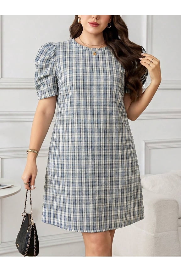 Multicolor Gingham Puff Sleeve A-Line Dress With Crew Neck And Relaxed Fit