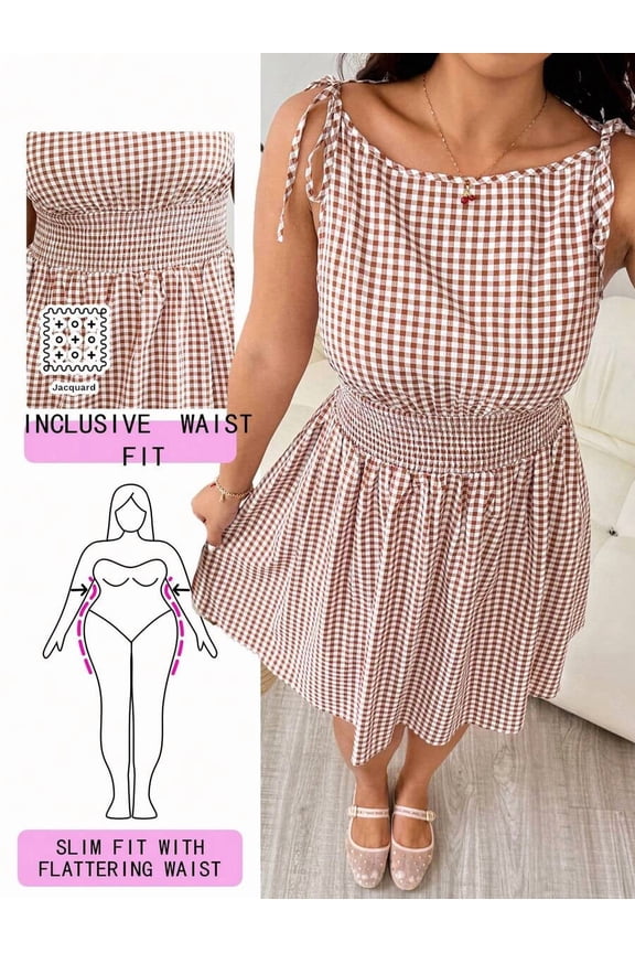 Multicolor Gingham Sleeveless Dress With Adjustable Shoulder Ties And Smocked Waist