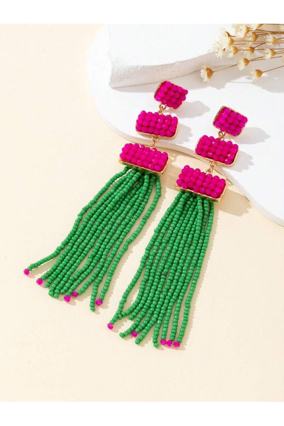 Multicolor Glass Bead Tassel Dangle Earrings With Goldtone Setting