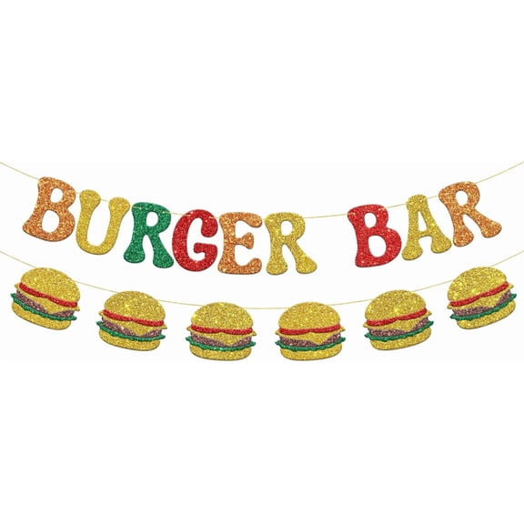 Multicolor Glitter Burger Bar Banner with Hamburger Cutouts BBQ Backyard Party Fast Food Themed Dessert Table Sign Garland