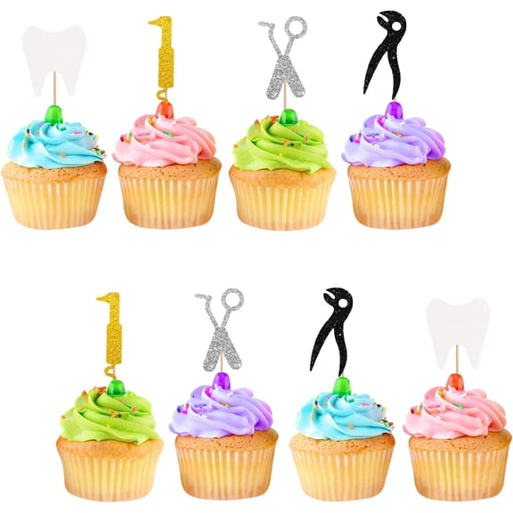 Multicolor Glitter Dentist Dental Tools Tooth Cupcake Toppers 12 Count Dentistry Graduation Dental Office Party Cupcake Picks