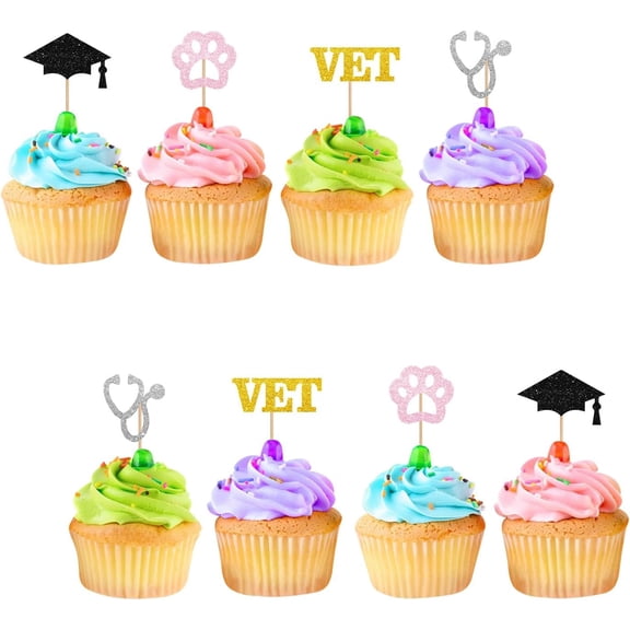 Multicolor Glitter Vet Graduation Cap Paw Print Stethoscope VET Cupcake Toppers 12 Count Veterinary Doctor Graduation Party Cupcake Decor Picks