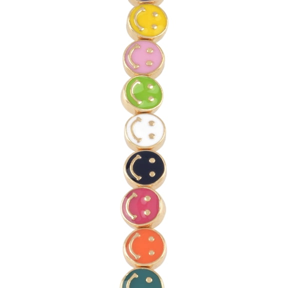 Bead Landing Multicolor & Gold Smiley Face Disc Beads - 9.5mm, Zinc Alloy & Enamel, Ideal for Crafting Projects, 12 Pack