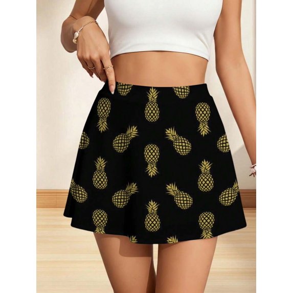 Multicolor Golden Pineapple Print Womens A-Line Mini Skirt Casual Summer Skirt