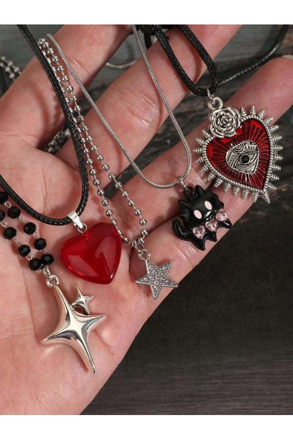 Multicolor Gothic Pendant Necklace Set: Red Heart, Spiked Eye, Cat & Star Charms on Mixed Chains