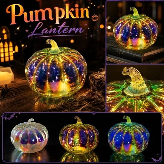 Multicolor Gradient Glass Pumpkin Light Decorative Centerpiece for Halloween Fall Home Decor, LED Illuminated Seasonal Tabletop Ornament for Thanksgiving Party