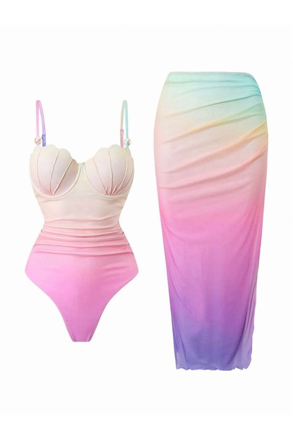 Multicolor Gradient Shell Bustier Swimsuit With Ruched Side Slit