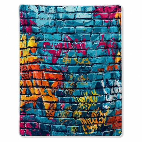 Multicolor Graffiti Brick Sherpa Blanket, 2-Layer Fleece Throw