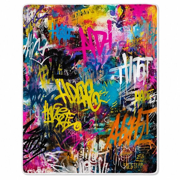 Multicolor Graffiti Sherpa Blanket, Soft Polyester Fleece Throw