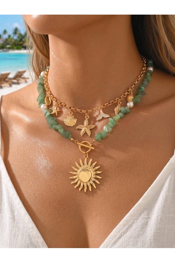 Multicolor Green Stone Ocean Charm Layered Choker Necklace Set