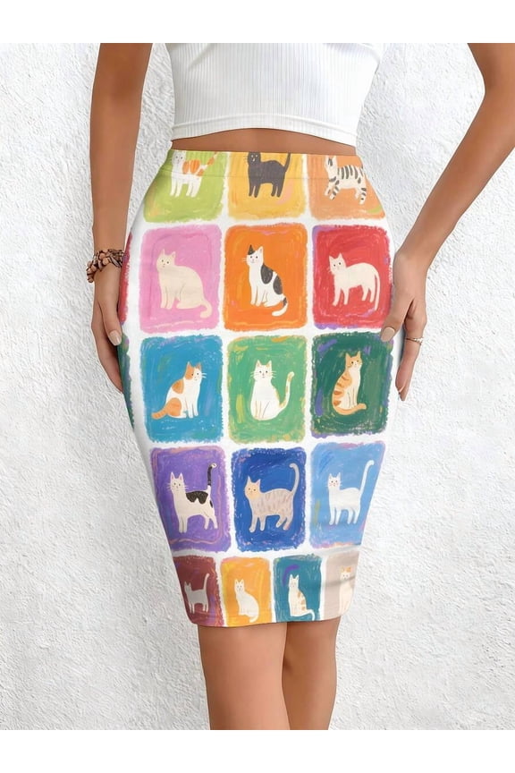 Multicolor Grid Cat Print Womens Bodycon Pencil Skirt, Polyester, Lightweight Breathable