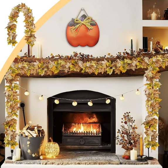 Multicolor Halloween Garland - 68.89" Artificial Leaf Vine with Pumpkins & Maple Leaves - Spooky Rattan Hanging Decor for Fireplace, Christmas Party & Indoor Home Decorations