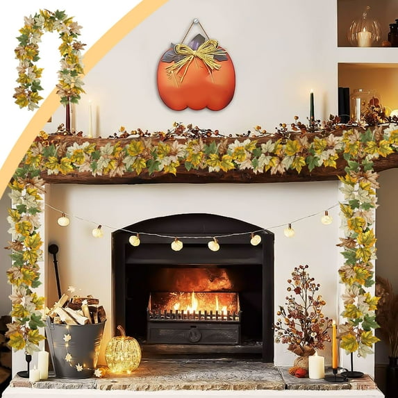 Multicolor Halloween Garland - 68.89" Artificial Leaf Vine with Pumpkins & Maple Leaves - Spooky Rattan Hanging Decor for Fireplace, Christmas Party & Indoor Home Decorations