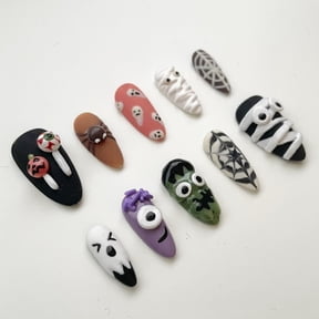 Multicolor Halloween Press on Nails Medium Almond Fake Nails with Mummy Eyeball Spider Ghost Web 3D Design Full Cover Adhesive Press Ons Glossy Acrylic False Nails Artificial Nail Tips 10 Pcs