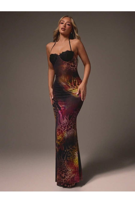 Multicolor Halter Neck Lace Trim Bustier Abstract Print Bodycon Maxi Dress With Backless Design Evening Party Formal Wear