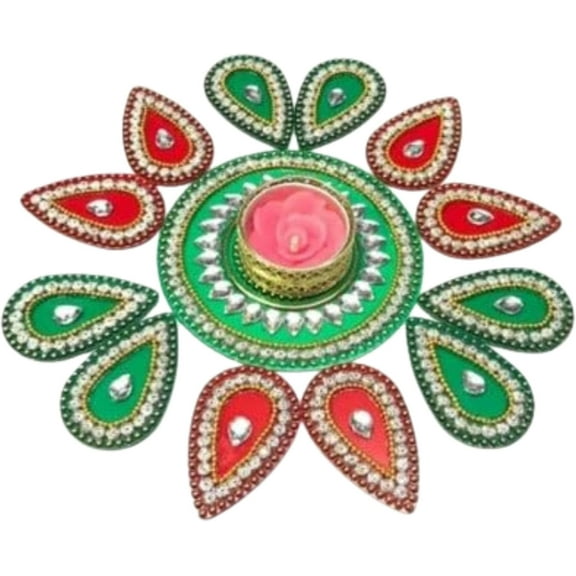 Multicolor Handicraft Acrylic Rangoli with Tea Light Holder Jewel Stone Decorations for Gift