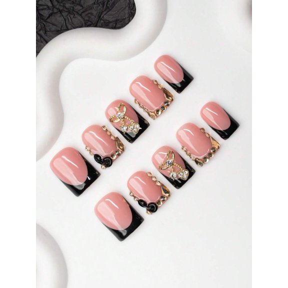 Multicolor Handmade Square Press-On Nails With Rhinestone Bow & Cherry