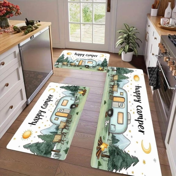 Multicolor Happy Camper Camping Trailer Kitchen Mat - Non-Slip, Machine Washable Polyester Floor Mat With Pine Trees & Sun/Moon Design
