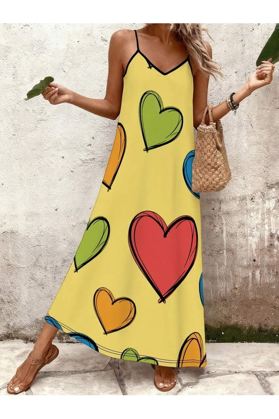 Multicolor Heart Graffiti Print Womens V-Neck Sleeveless Maxi Dress, Lightweight Polyester