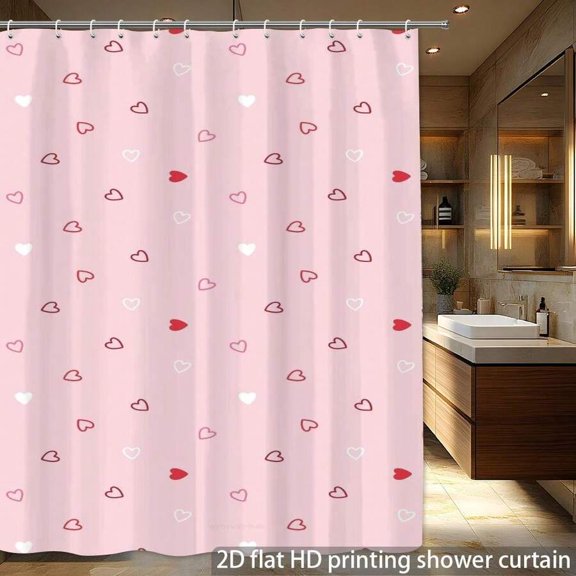 Multicolor Heart Pattern Polyester Shower Curtain With Hooks, 1 Piece