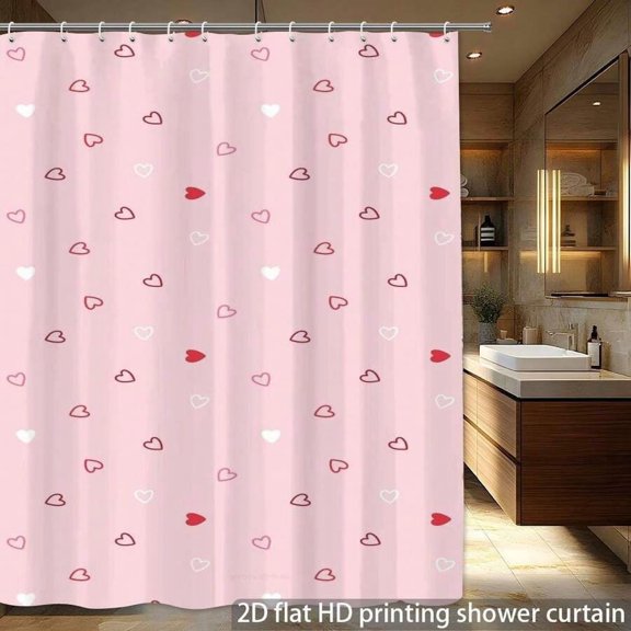 Multicolor Heart Pattern Polyester Shower Curtain With Hooks, 1 Piece