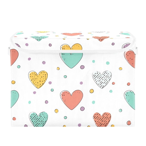 Multicolor Heart Polka Dots Valentine Foldable Storage Bins with Lids Handles Collapsible Storage Containers Tote Boxes 16.5 x 12.6 x 11.8 inches